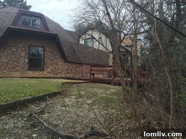 Before renovation backyard of the geodesic dome home, showing lack of landscaping.