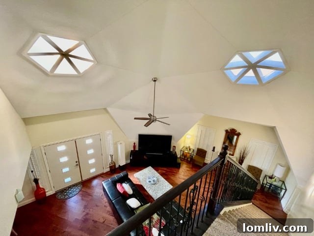 Skylights illuminate the unique interior of the geodesic dome home.