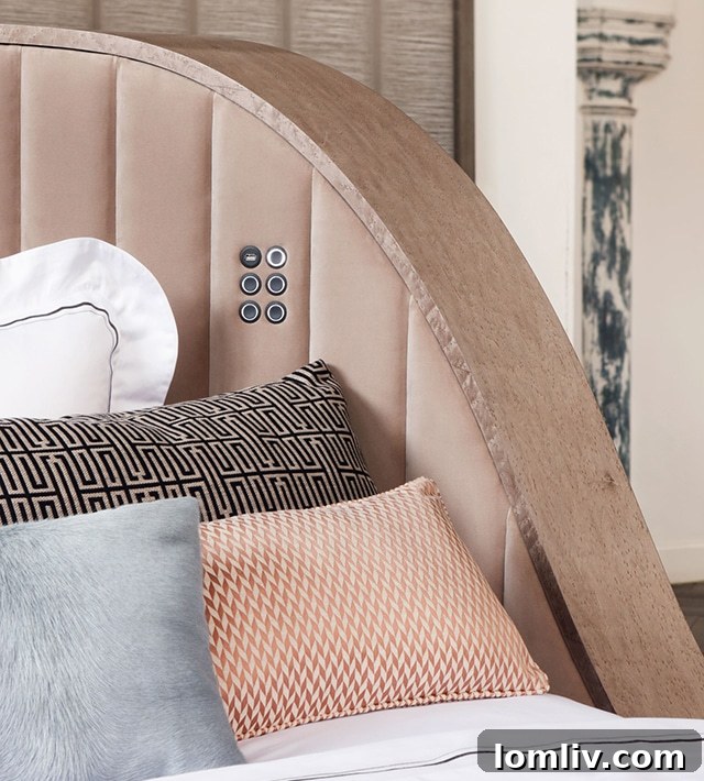 Savoir Beds' Three Sixty bed featuring a luxurious custom headboard with integrated reading lights.