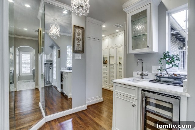 A sophisticated dressing room adorned with French-inspired millwork, heated floors, and a heated towel rack.