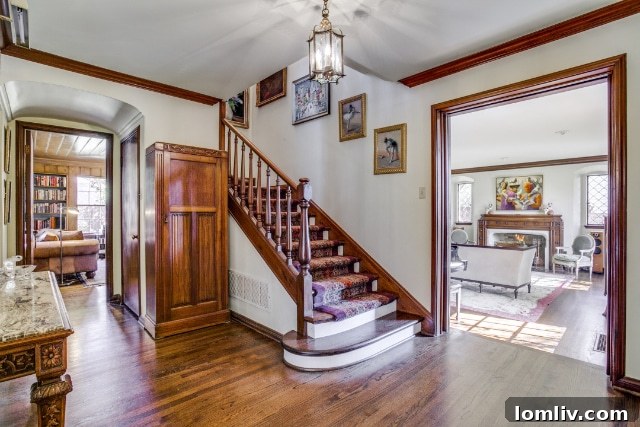 Close-up view of the intricate detailing on the rustic stone and wood-beamed porch, highlighting the craftsmanship.