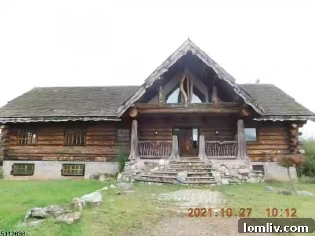 Rustic log cabin exterior nestled in a secluded forest setting