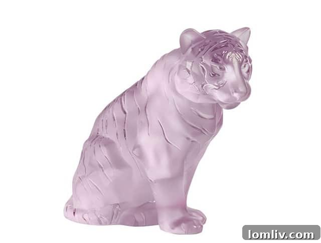 Lalique limited edition pink luster crystal Sitting Tiger grand sculpture