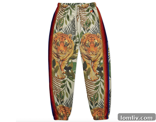 Aviator Nation Jungle Tiger women's sweatpants with vintage white velvet stripes