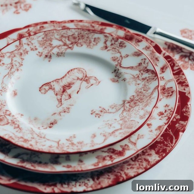 Dior red Toile de Jouy tiger Limoges porcelain dessert plates