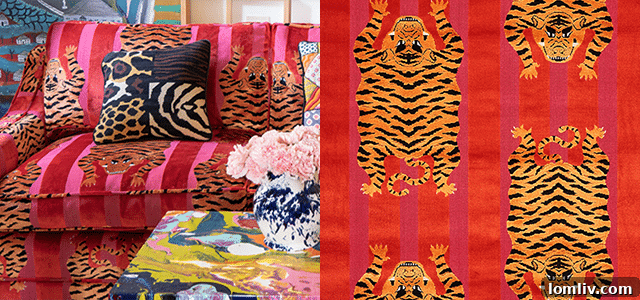 Schumacher Jokhang Tiger velvet fabric in red and pink