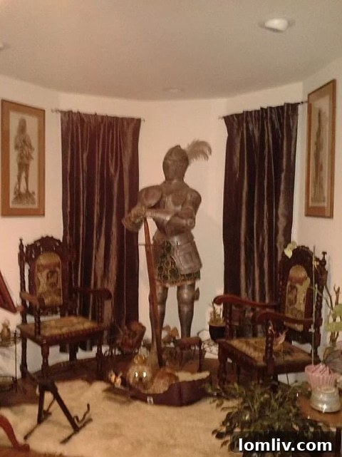 Charming dog guarding a suit of armor in a Grizzly Flats home