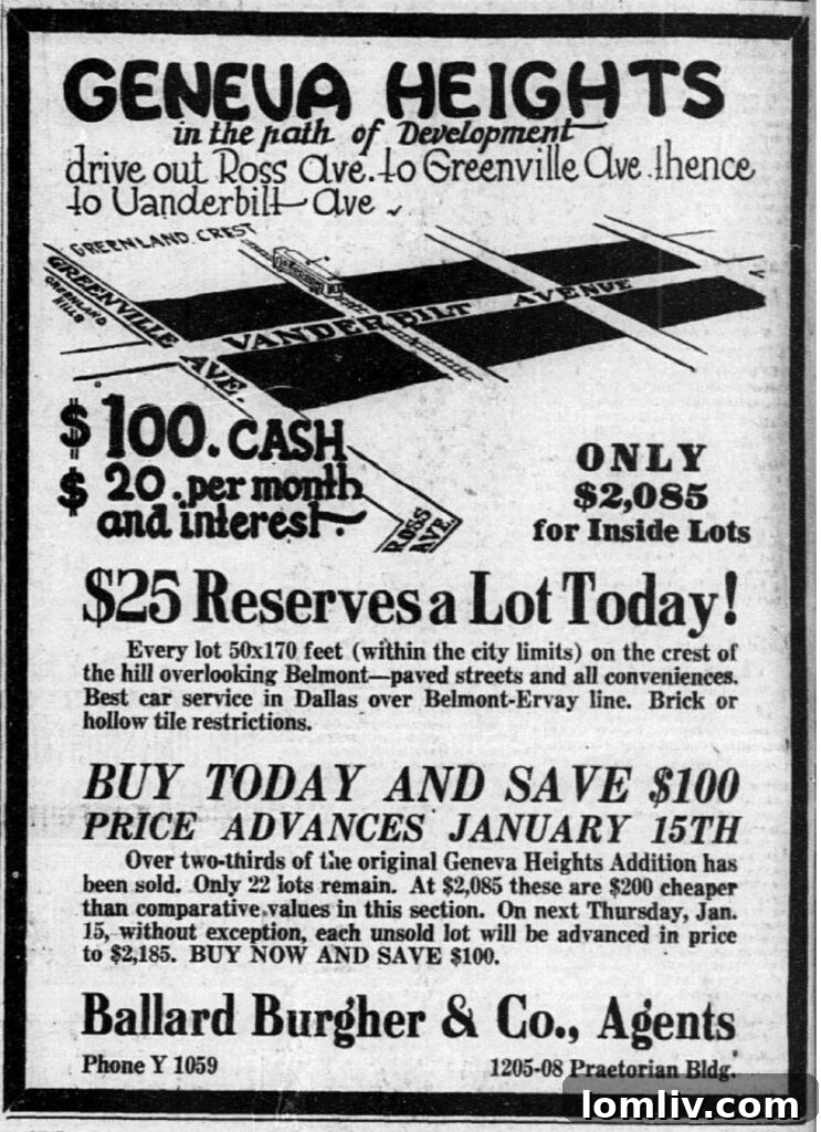 Historic advertisement for Geneva Heights subdivision from the Dallas Morning News, 1925