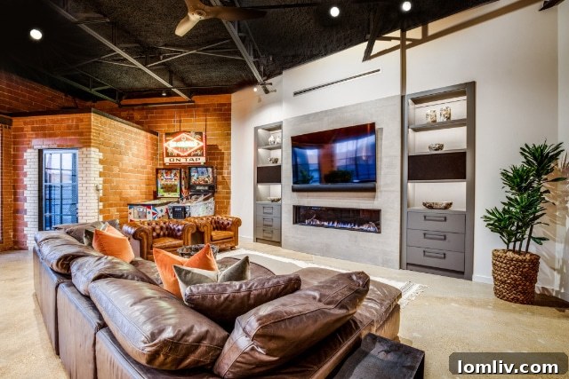 Urban Oasis: Industrial Luxury Retreat 7 Media Room with Porcelanosa Fireplace