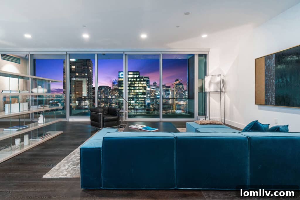 Your Invitation to Elegance Explore Two Bleu Ciel Model Showhomes 6 A blue velvet sofa in Cheryl Parsa's design beautifully mimics the Dallas sky, connecting the interior to the expansive views.