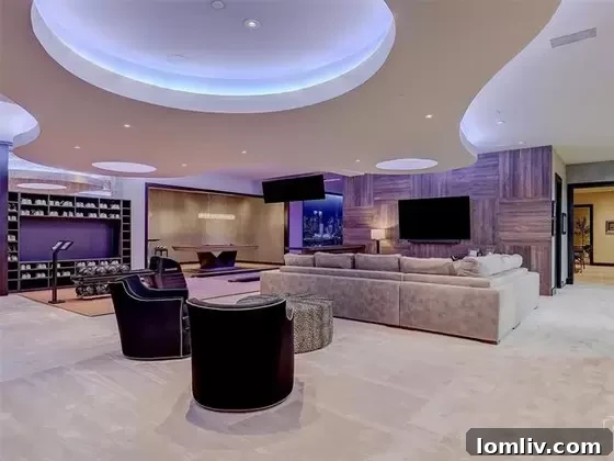 A luxurious home theater or media room with comfortable seating, perfect for entertainment.