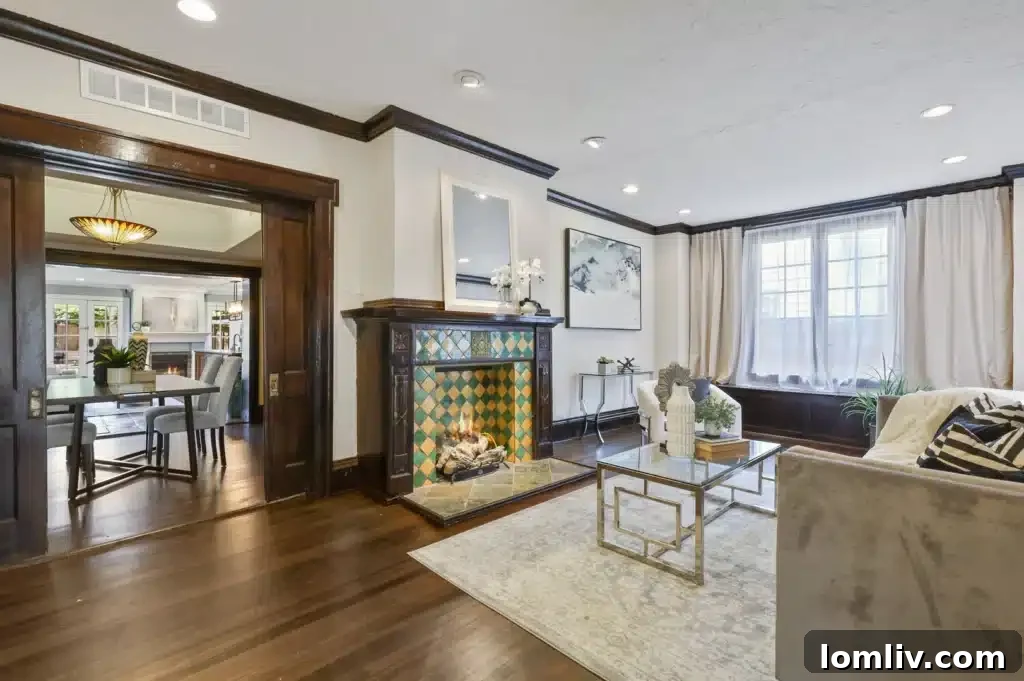 A charming fireplace inside the historic Alamo House.