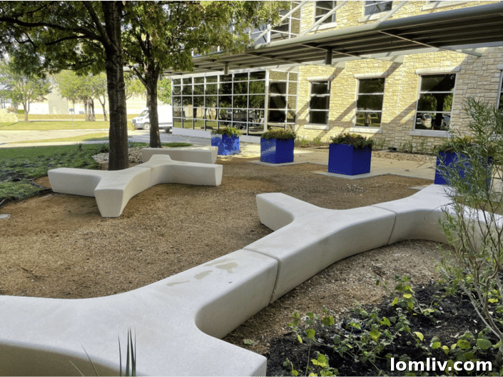 A close-up view of the bone-inspired Escofet benches and lush planting at the Orthofix corporate campus garden.