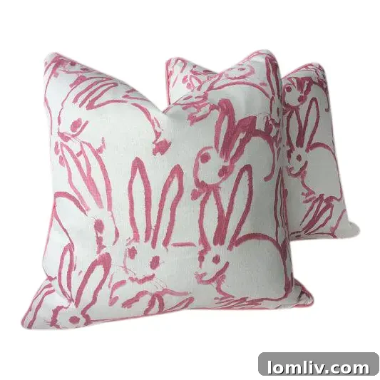 Celebrate with Style: Easter and Passover Essentials 5 Whimsical bunny hutch pillows featuring artist Hunt Slonen's signature bunnies from Chairish