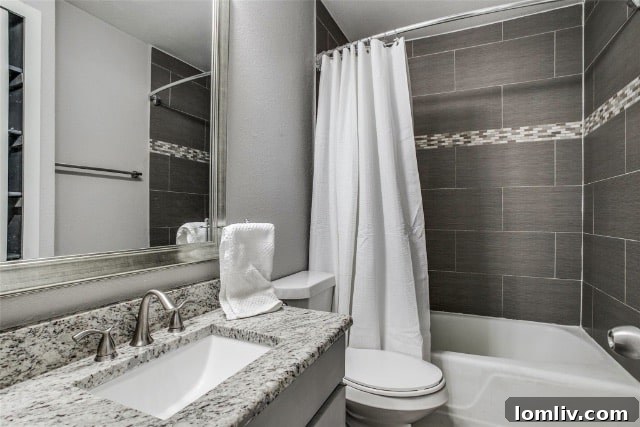 Completely remodeled bathroom with cool gray walls, modern vanity, and granite countertop