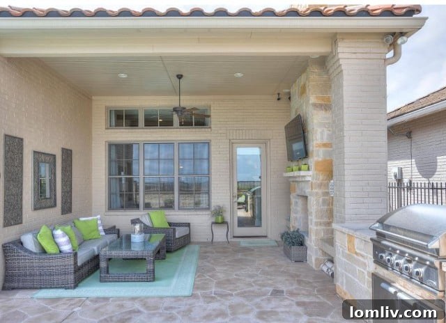 Expansive Covered Patio with Fireplace and Grill