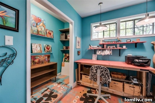 Close-up of the painted back door in the garage conversion, designed as an artistic feature.