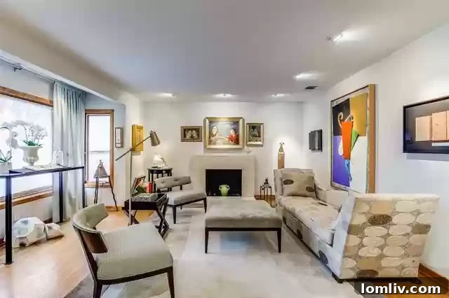 Formal living room with original hardwood floors and travertine fireplace