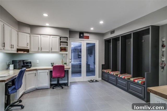 Organized mudroom entrance with custom cubbies for each family member, adorned with stylish pillows