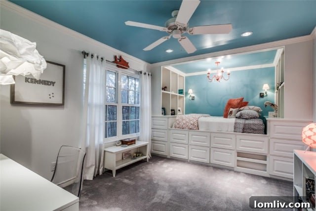 Charming children's bedroom with built-in bed and integrated storage, featuring a serene palette