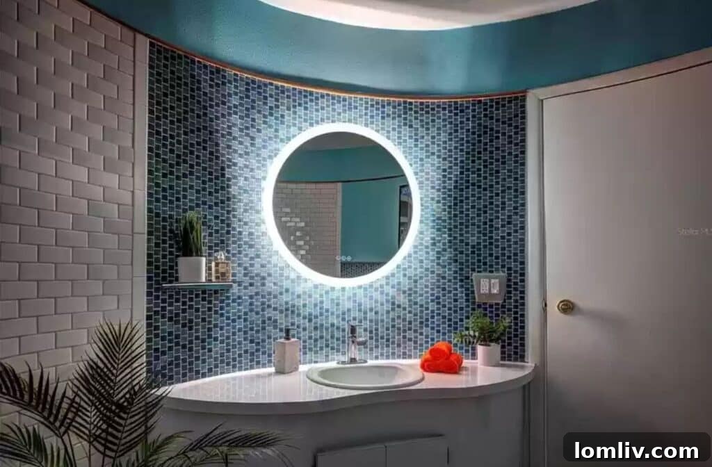 Close-up of a circular shower in a retro-futuristic bathroom