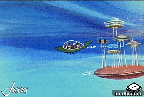 George Jetson character smiling with futuristic city in background