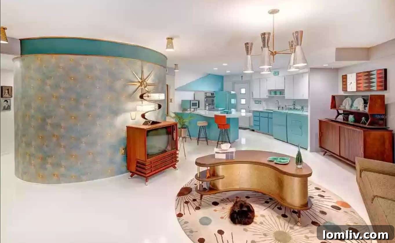 Mid-century modern round house living room with kidney table and space-themed wallpaper