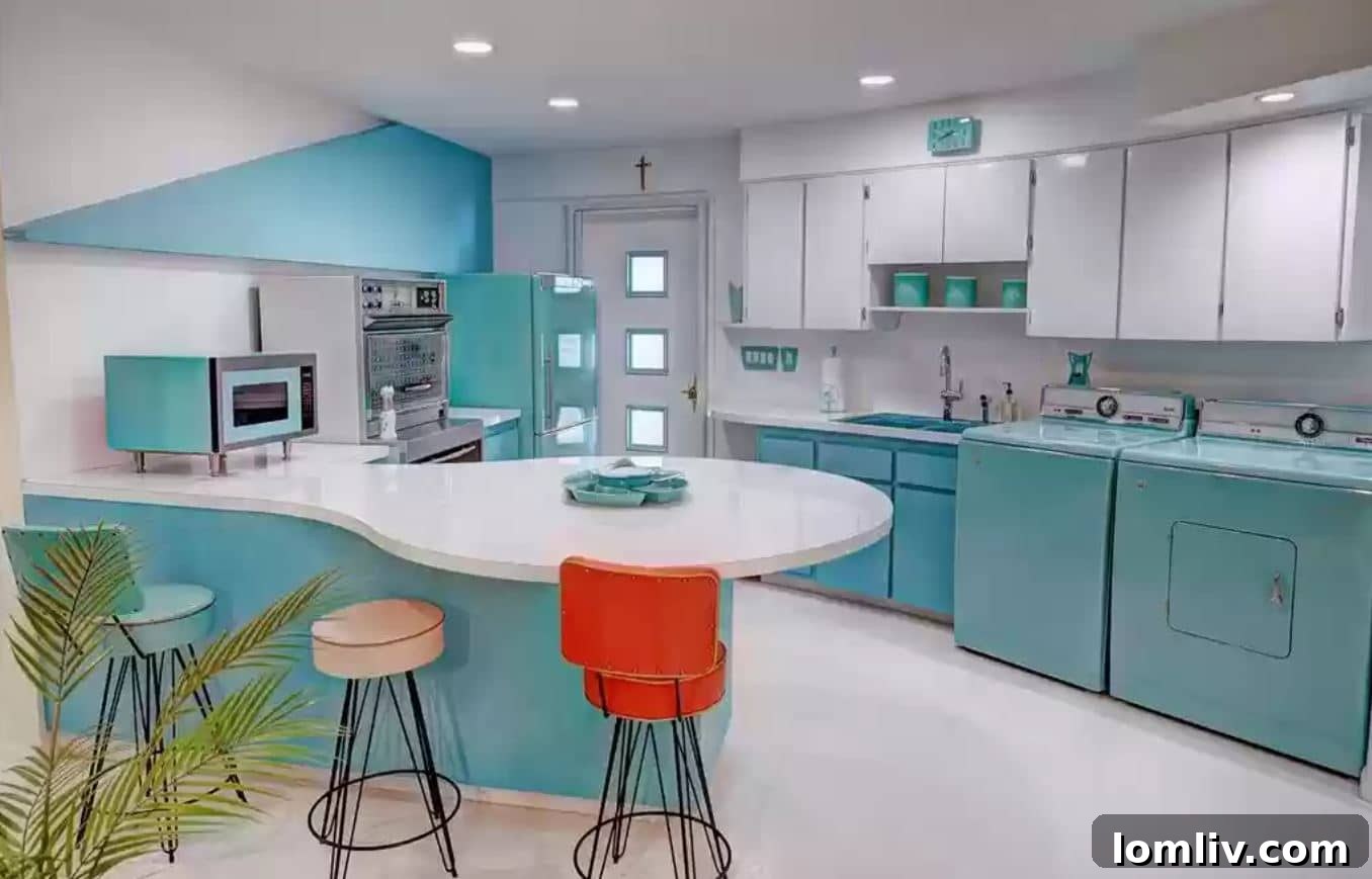 Retro-futuristic kitchen with unique cabinetry and bright colors