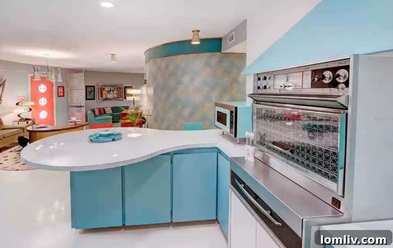 Close-up of a vibrant retro kitchen counter