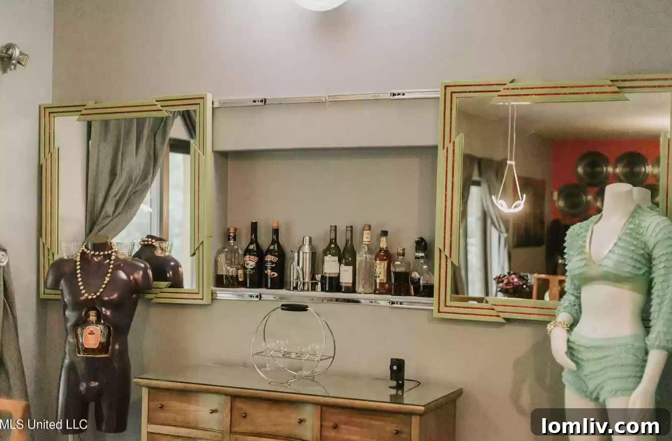 A dramatic tableau featuring multiple headless mannequins and a prominent bottle in the Gautier house.