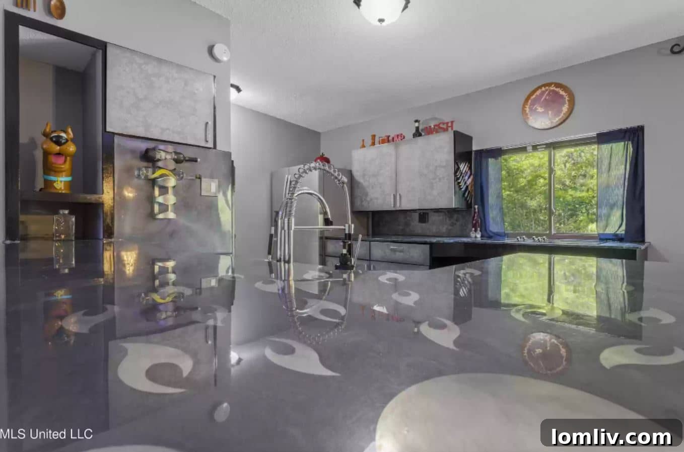 The kitchen, a rare mannequin-free zone, offering a glimpse into domestic life in the unconventional home.