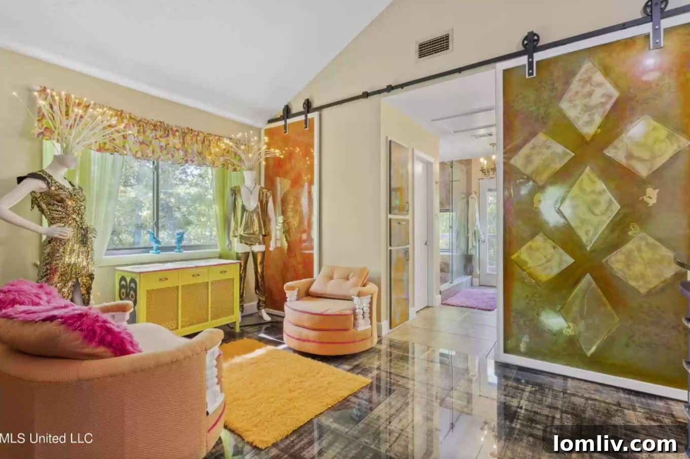 Bedroom display featuring a mannequin in thigh-high attire, adding a playful touch.