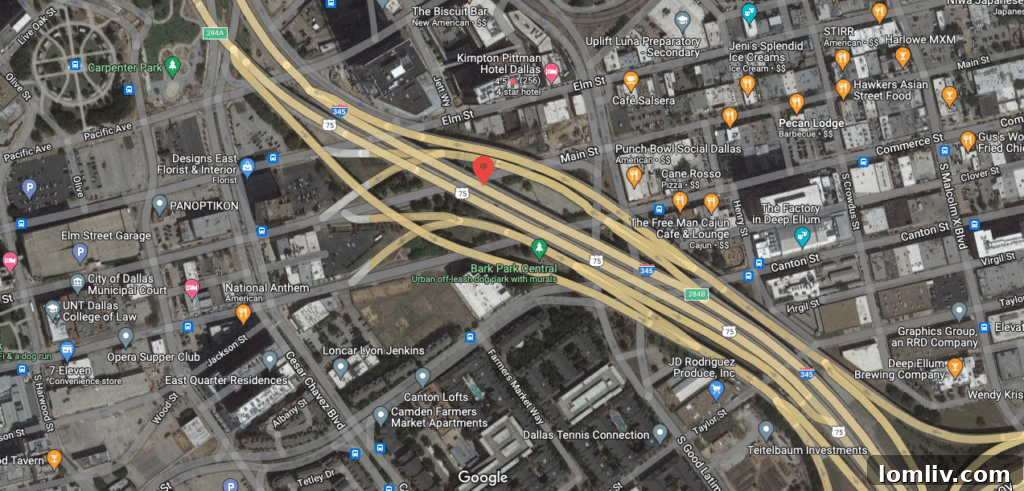 Interstate 345 separates Deep Ellum from downtown Dallas. Urban planners propose transformation due to disrepair.