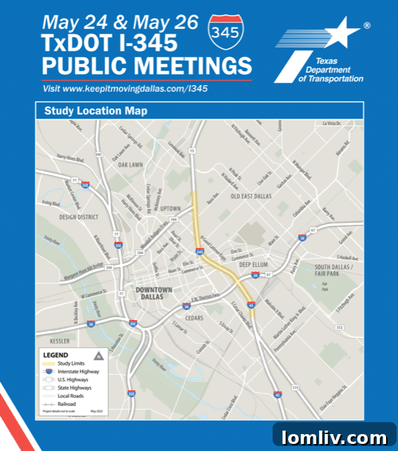 Map showing current Interstate 345 configuration in Dallas, highlighting its separation of Deep Ellum and downtown.
