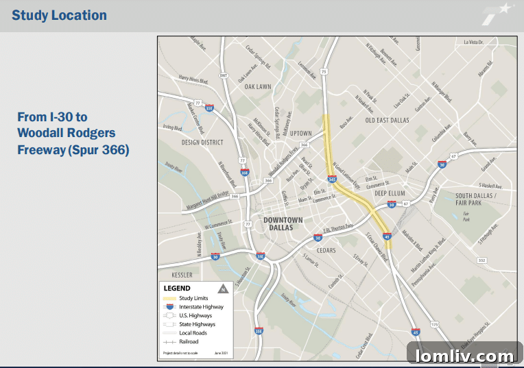 Close-up of the 'Removal' alternative concept for I-345, showing open urban space.