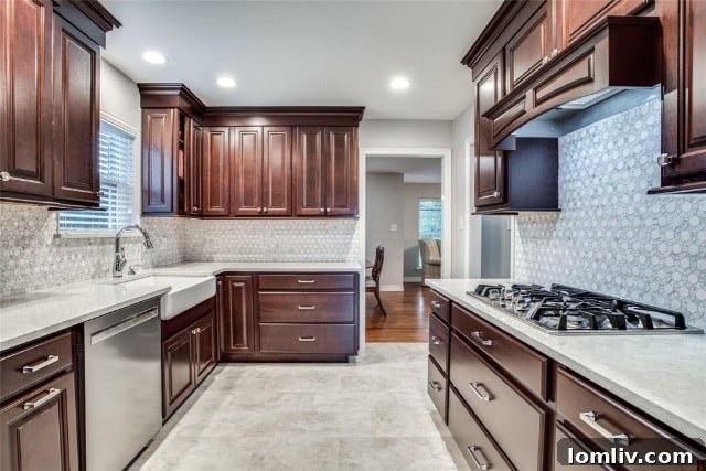 Close-up of mother-of-pearl backsplash in modern Richardson kitchen
