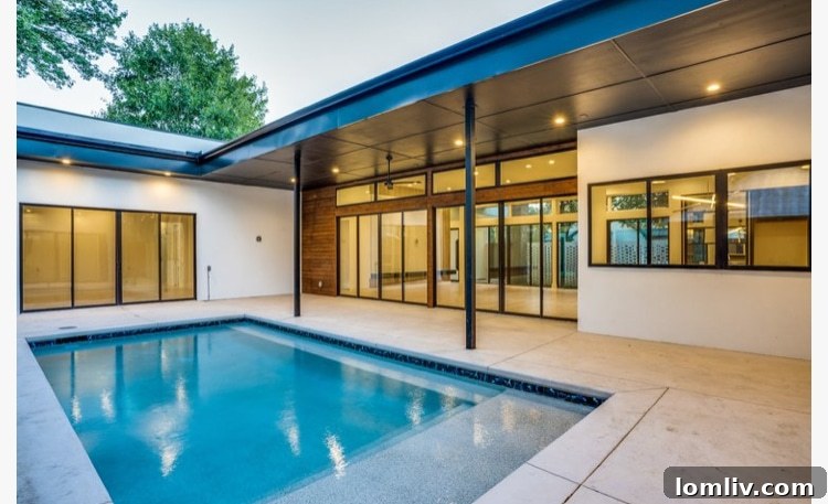 Aerial view showcasing the thoughtful layout of the modern home at 4302 Bluffview Blvd. and its integrated courtyard pool.