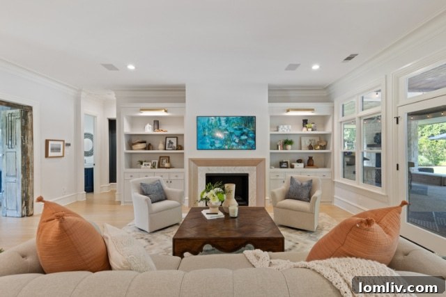 Suburban Southlake, Surprisingly Stylish 5 Modern white oak fireplace mantle in a renovated Southlake home