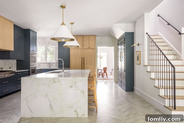 Suburban Southlake, Surprisingly Stylish 8 Modern kitchen island with ample seating in a Southlake home