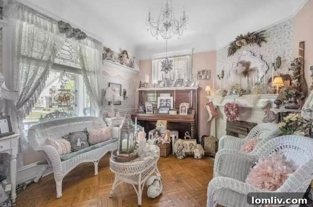 Living Room Adorned with Numerous Dolls and Wicker Furniture