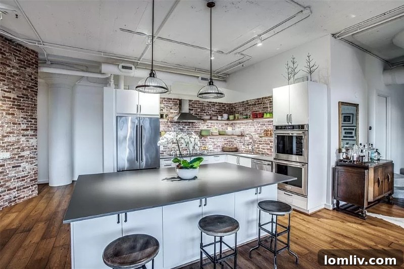 Open plan kitchen living area in a luxury Dallas loft
