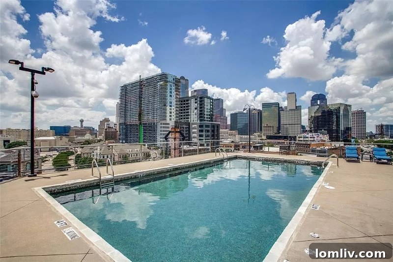 Rooftop pool with downtown Dallas skyline views