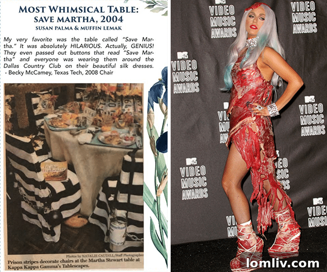 The Design Girls' humorous Kappa tablescape and Lady Gaga's meat dress