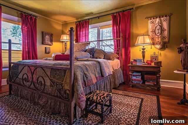 Detail of eclectic layered decor in a Fairmount bedroom, combining leopard print, florals, and paisley