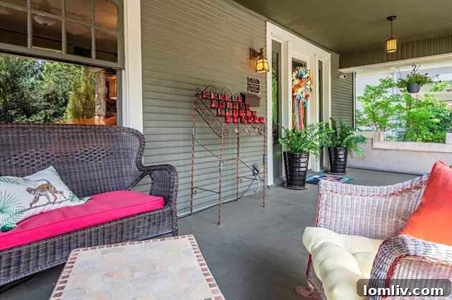 Charming front porch of 1914 Fairmount home with bleached limestone pillars and classic sage clapboard