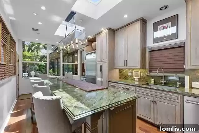 An Extraordinary Home: Elegance Crafted for the Discerning Spirit 9 Gourmet kitchen at 3610 Congress with high-end appliances, Ann Sacks tiles, and rare green marble countertops.
