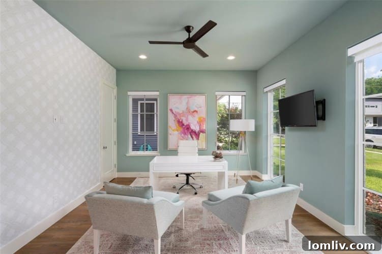 Elegant Foyer with Designer Wallpaper and Abundant Natural Light