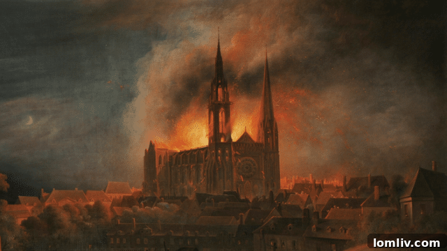 Image of Chartres Cathedral during the 1836 Fire
