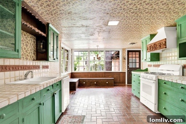 Rustic kitchen interior in the Garland home, featuring charming brick flooring and a practical built-in dining bench