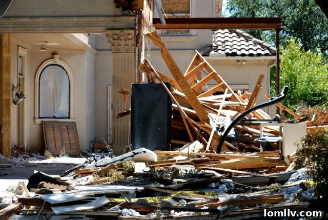 Explosion-damaged luxury home on Shantara Lane in Plano, Texas